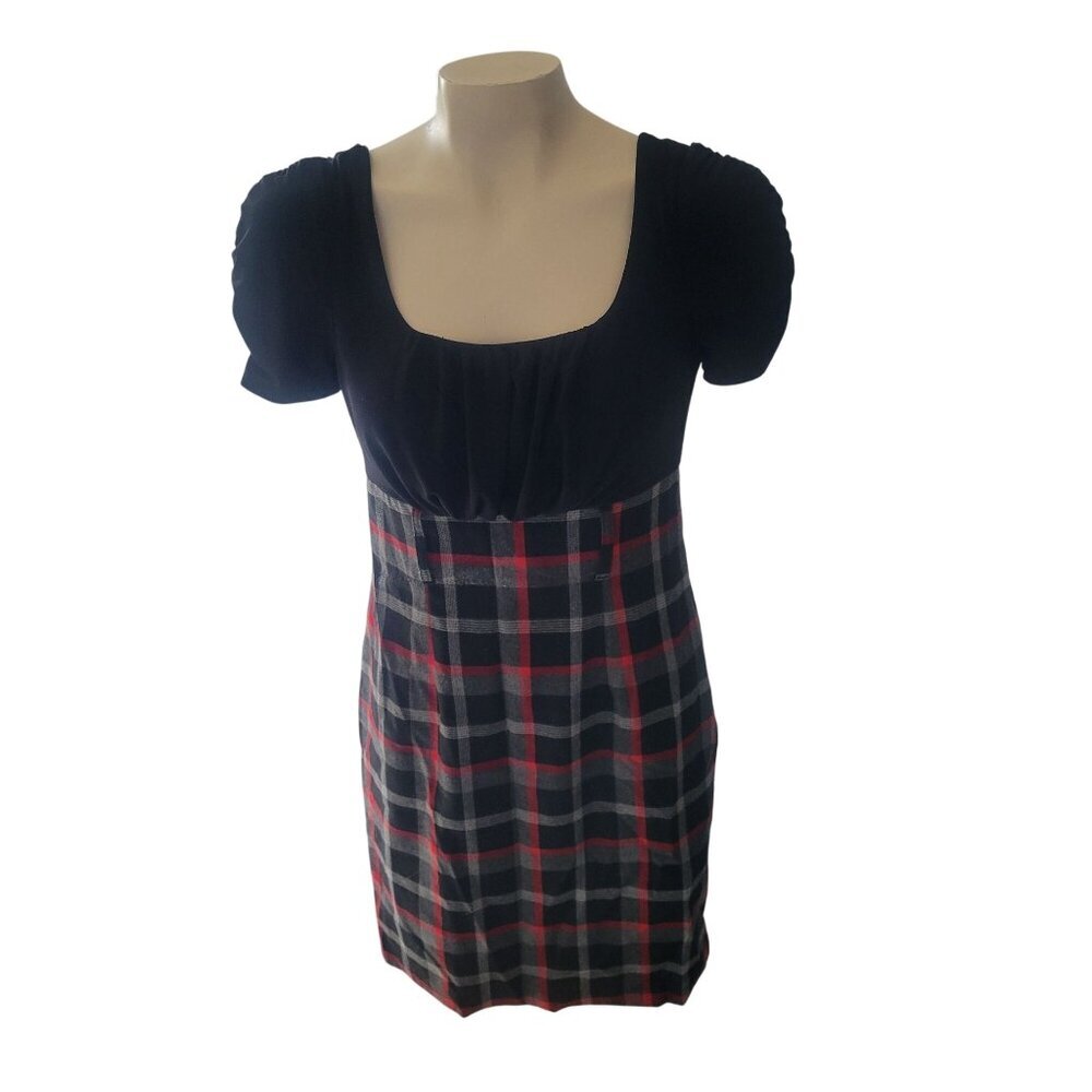 Maurices Black Plaid Sheath Dress Short Puff Sleeve‎ Red Grey Size 3/4